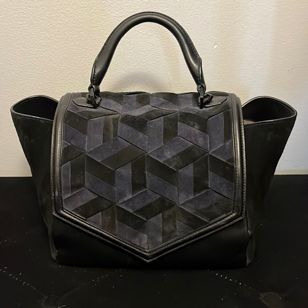 Welden Saunter Flap Satchel: Black/Navy Suede